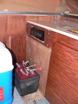 Trojan CB-27 battery in the battery box, with lid removed. Inverter is mounted above it.